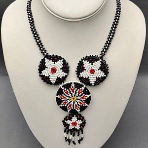 Vintage Handmade Native American Style Beaded Necklace With Pendant, Barrette